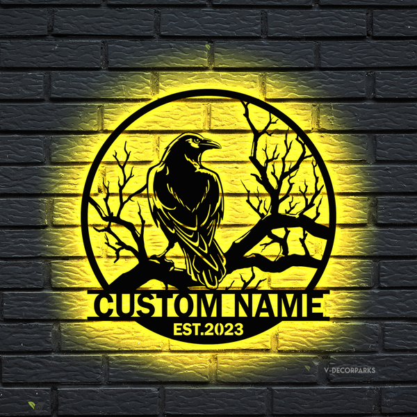 Custom Name Black Raven Metal Wall Art With Led Lights, Personalized Crow Moon Metal Sign Home Decor, Raven On Branch Led Metal Sign