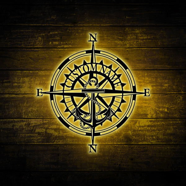 Custom Gps Anchor Compass Metal Wall Art Led Lights, Coordinates Metal Sign Home Decor, Nautical Compass Metal Wall Hanging Housewarming Sign