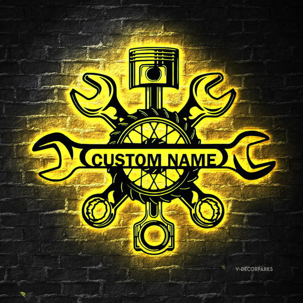 Custom Name Mechanic Tools Repair Metal Sign Led Lights, Personalized Mechanic Garage Metal Wall Decor, Papa Workshop Garage Metal Wall Art