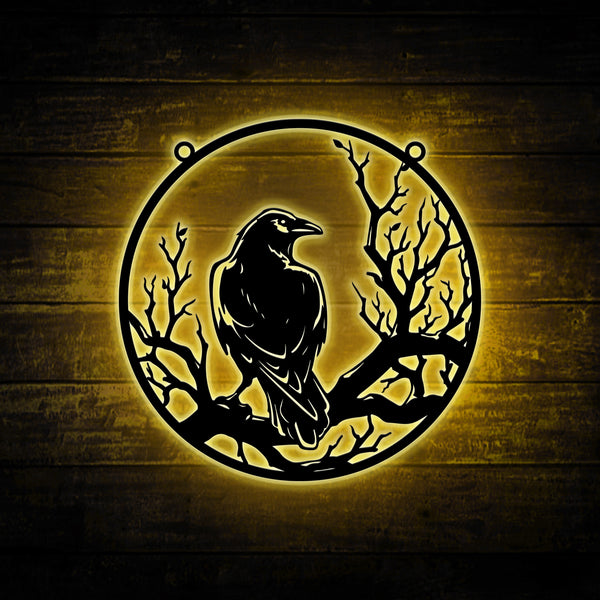 Black Raven On Branch Metal Wall Art With Led Lights, Crow Moon Metal Sign Home Decor, Black Raven Metal Art, Crow Bird Metal Wall Hanging Decor