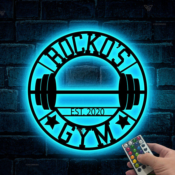 Custom Name Barbell Gym Monogram Metal Sign With Led Lights, Personalized Powerlifting Gymer Metal Name Signs, Home Gym Fitness Metal Wall Decor