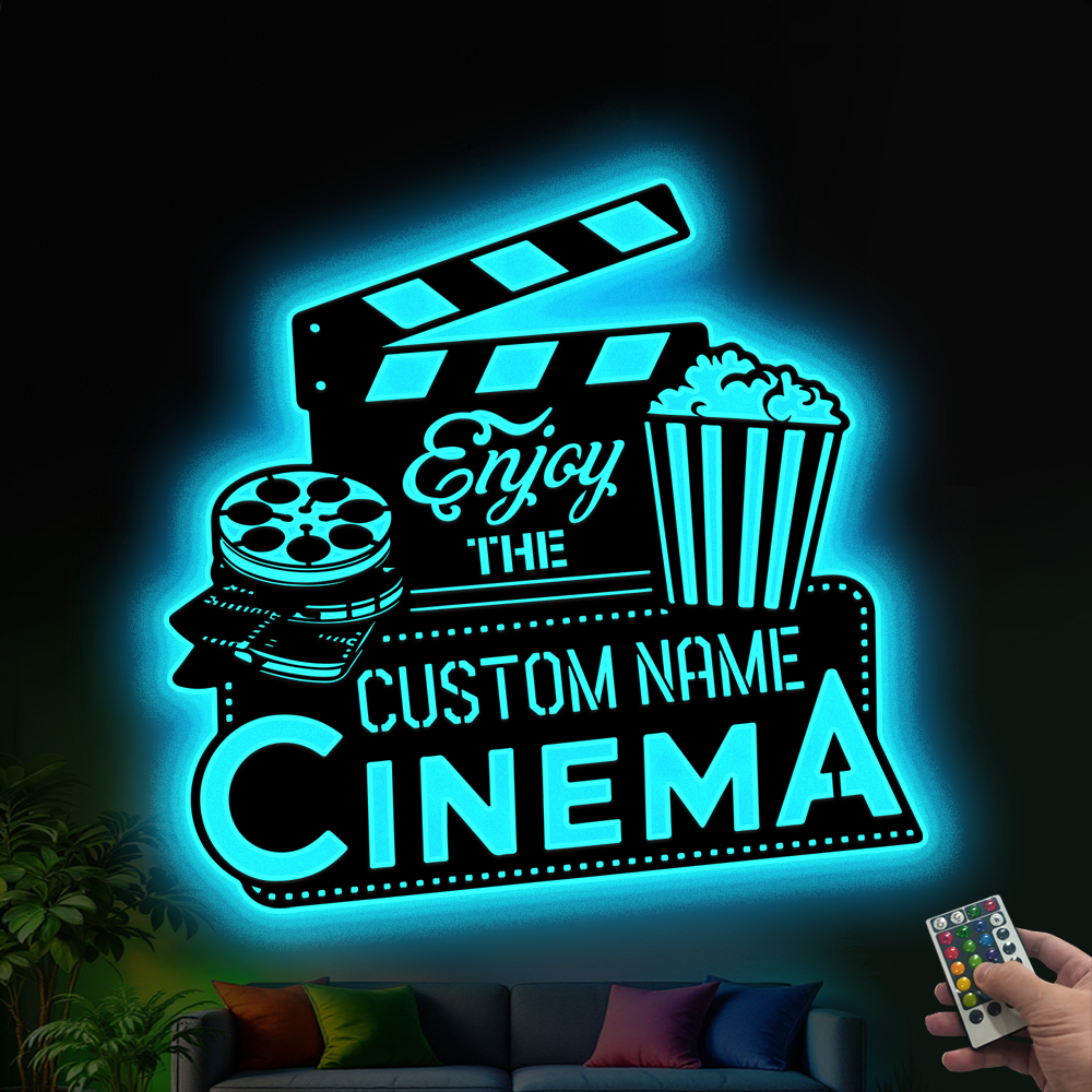 Personalized Home Cinema Metal Sign With Led Lights, Custom Popcorn Movie Theater Metal Wall Art, Home Theatre Metal Wall Hanging Home Decor