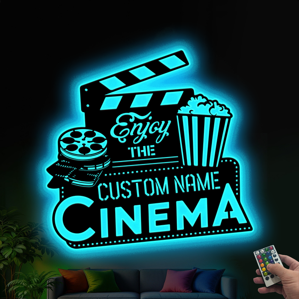 Personalized Home Cinema Metal Sign With Led Lights, Custom Popcorn Movie Theater Metal Wall Art, Home Theatre Metal Wall Hanging Home Decor