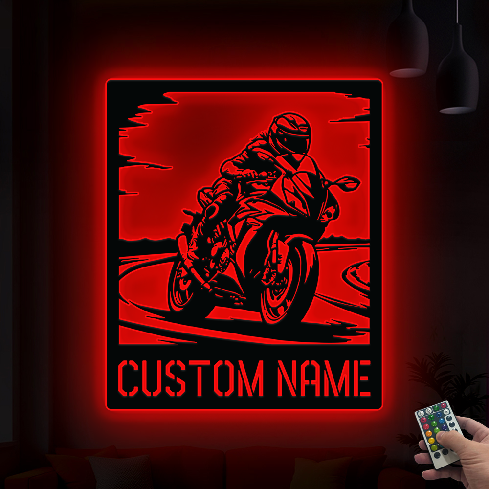Personalized Woman Motorcycle Racing Metal Sign Led Lights, Custom Motorcross Biker Metal Wall Art, Metal Motorbike Sign Garage Mancave Decor