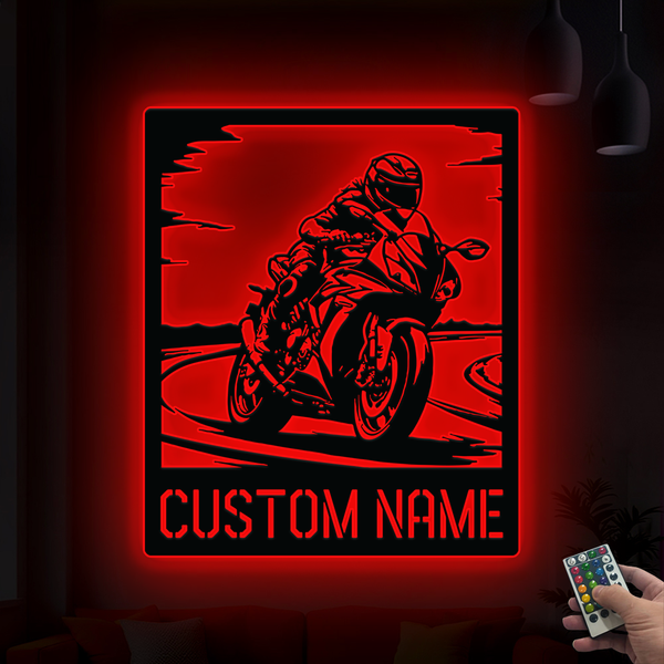 Personalized Woman Motorcycle Racing Metal Sign Led Lights, Custom Motorcross Biker Metal Wall Art, Metal Motorbike Sign Garage Mancave Decor