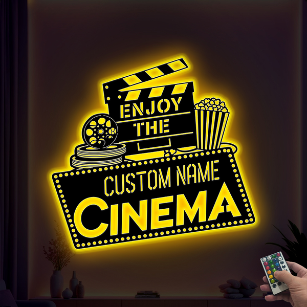 Personalized Home Cinema Metal Sign With Led Lights, Custom Home Theater Metal Wall Art, Home Cinema Metal Wall Hanging Housewarming Decor