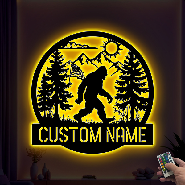 Personalized Big Foot Metal Cabin Sign Led Lights, Custom Name Forest Mountain Bigfoot Metal Sign, Metal Sasquatch Mancave Outdoor Cabin Decor