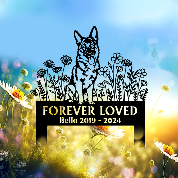 Custom German Shepherd With Flowers Memorial Stake, Forever Loved Shepherd Dog Metal Yard Sign, Pet Metal Grave Marker, Dog Remembrance Sign