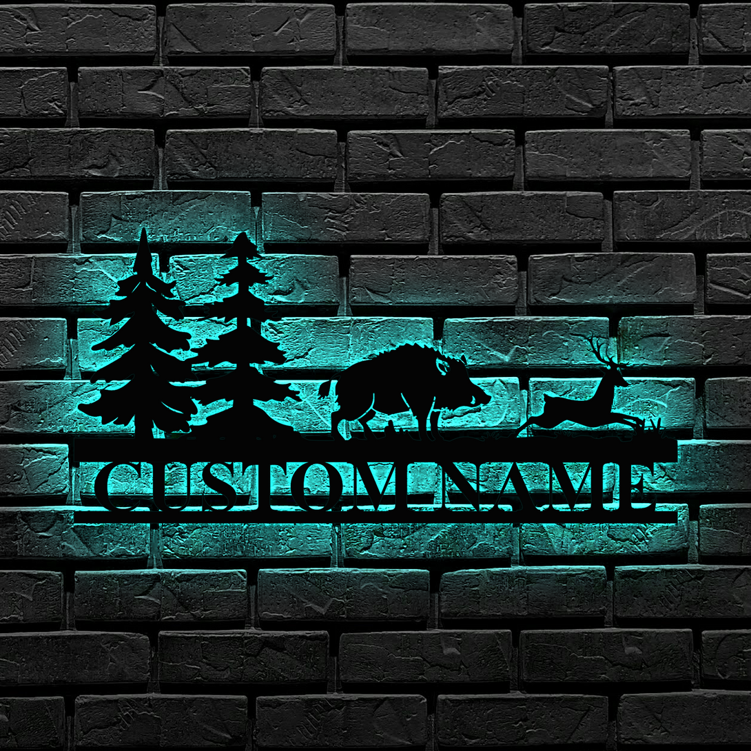 Custom Hound Wild Boar Hunting Metal Wall Art Led Lights, Personalized Hunter Metal Name Sign, Wild Boar Hunting Deer Metal Man Cave Sign