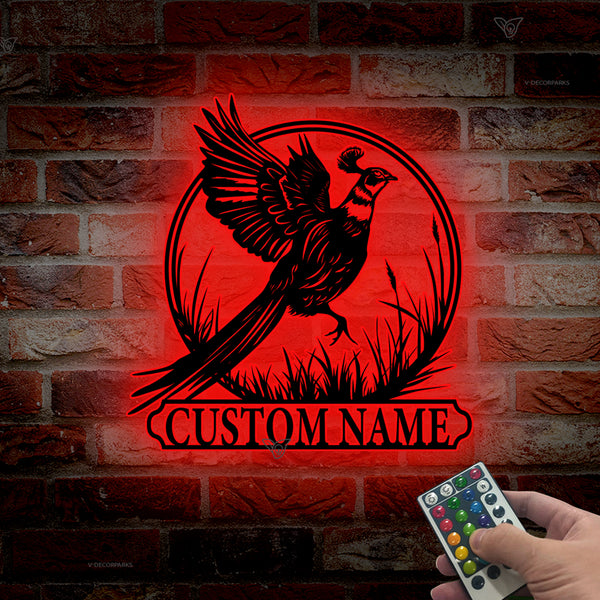 Custom Pheasant Hunting Metal Wall Art Led Lights, Personalized Hunter Name Sign Home Decor, Pheasant Farm Sign, Rustic Hunting Cabin Metal Sign