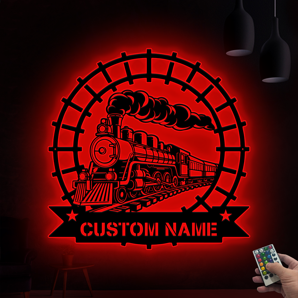 Personalized Steam Train Railroad Metal Wall Art Led Lights, Custom Monogram Train Driver Metal Name Sign, Steam Locomotive Railway Metal Decor
