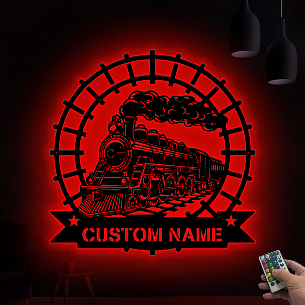 Custom Steam Train Railroad Metal Wall Art Led Lights, Personalized Monogram Train Driver Metal Name Sign, Steam Locomotive Railway Metal Decor