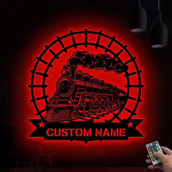 Custom Steam Train Railroad Metal Wall Art Led Lights, Personalized Monogram Train Driver Metal Name Sign, Steam Locomotive Railway Metal Decor