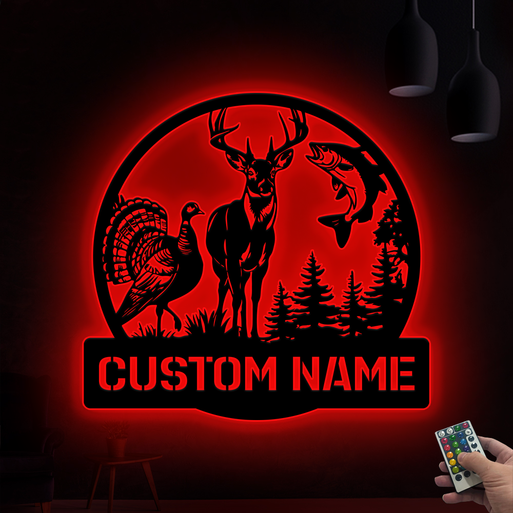 Custom Deer Turkey And Bass Fishing Metal Wall Art Led Lights, Custom Hunter Metal Name Sign, Wildlife Hunting Outdoor Metal Sign Cabin Decor