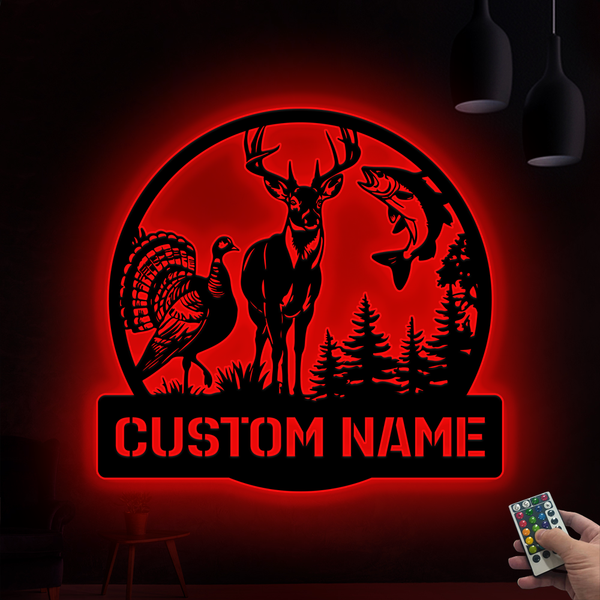 Custom Deer Turkey And Bass Fishing Metal Wall Art Led Lights, Custom Hunter Metal Name Sign, Wildlife Hunting Outdoor Metal Sign Cabin Decor