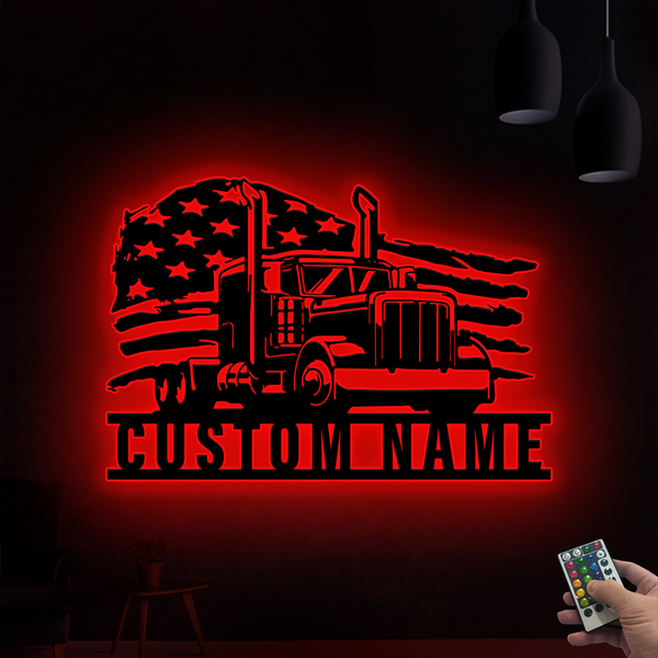 Custom Us Flag Semi-trailer Truck Metal Wall Art With Led Lights, Personalized Semi Truck Driver Metal Name Sign, Semi-trailer Metal Wall Decor
