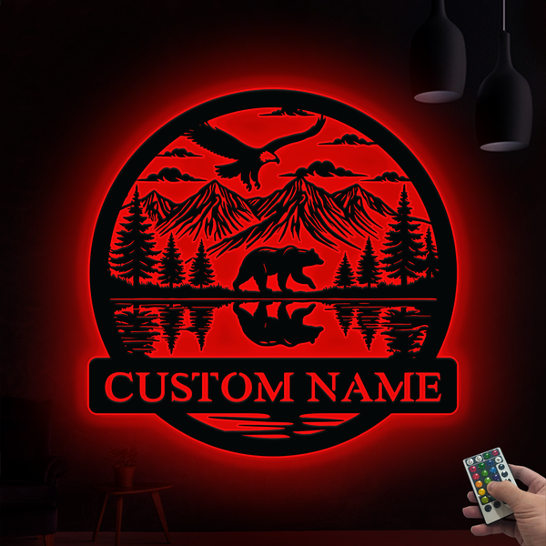 Custom Mountain Wildlife Bear Metal Wall Sign Led Lights, Personalized Bear Outdoor Man Cave Metal Decor, Bear Hunting Lodge Cabin Metal Name Sign