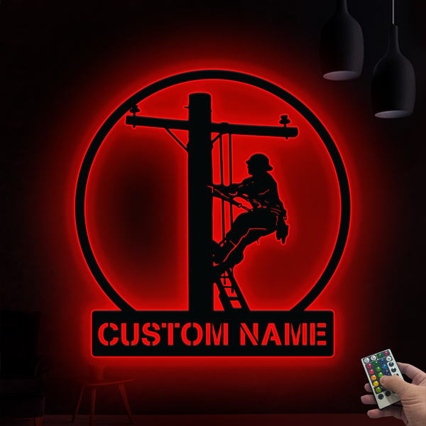 Custom Name Lineman Metal Wall Art With Led Lights, Personalized Electrician Metal Name Sign, Electrical Worker Office Metal Wall Art Decor