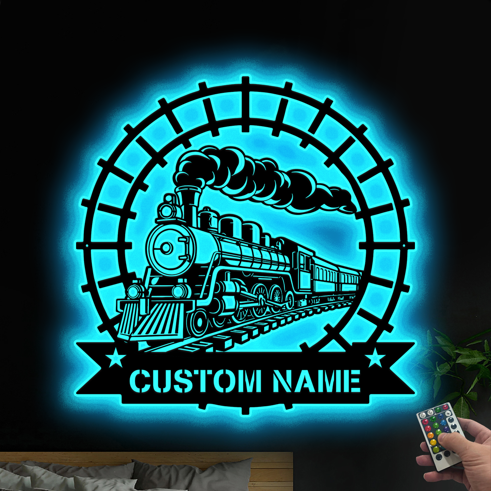 Personalized Steam Train Railroad Metal Wall Art Led Lights, Custom Monogram Train Driver Metal Name Sign, Steam Locomotive Railway Metal Decor