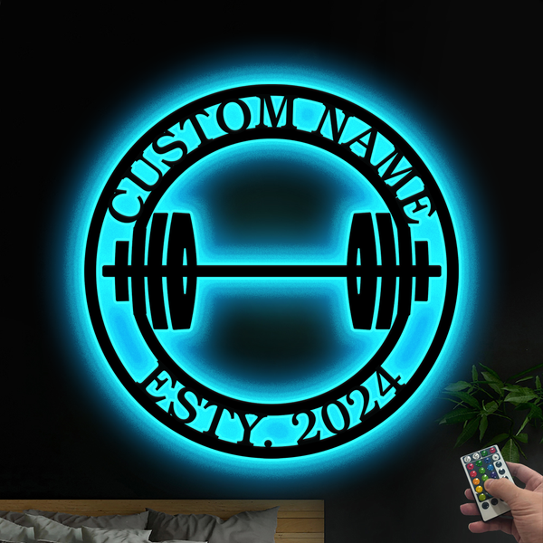 Custom Name Barbell Gym Monogram Metal Sign With Led Lights, Personalized Gymer Metal Name Signs, Powerlifting Gym Fitness Metal Wall Art Decor