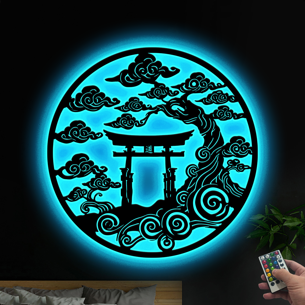 Torii Gate With Bonsai Metal Wall Art With Led Lights, Japanese Traditional Torii Gate Metal Sign, Shinto Gate Led Metal Sign Wall Hanging Decor
