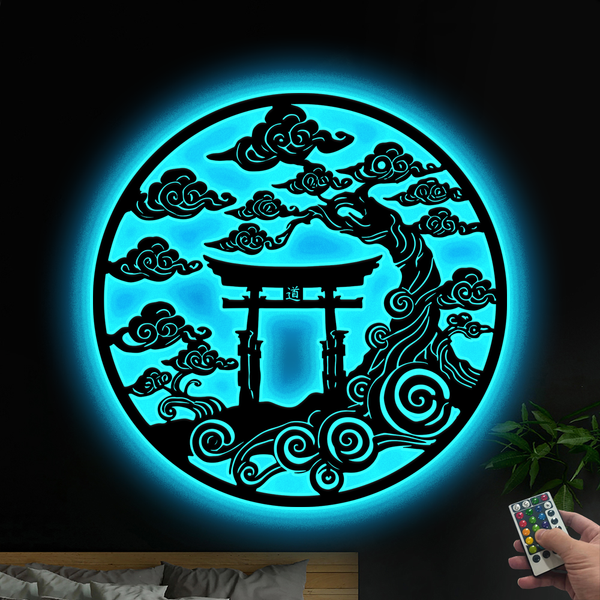 Torii Gate With Bonsai Metal Wall Art With Led Lights, Japanese Traditional Torii Gate Metal Sign, Shinto Gate Led Metal Sign Wall Hanging Decor