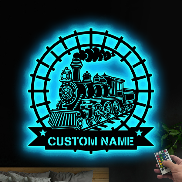 Custom Steam Engine Train Railway Metal Wall Art Led Lights, Personalized Monogram Train Driver Metal Name Sign, Train Railroad Metal Sign Decor
