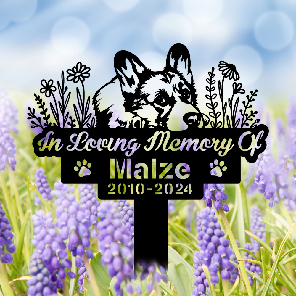 Custom Corgi Dog With Flowers Memorial Stake, In Loving Memory Of Corgi Dog Metal Yard Sign, Pet Metal Grave Marker, Dog Remembrance Sign