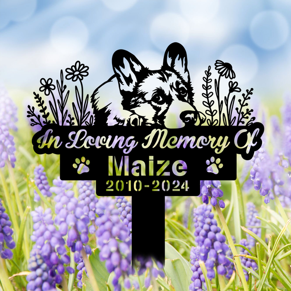 Custom Corgi Dog With Flowers Memorial Stake, In Loving Memory Of Corgi Dog Metal Yard Sign, Pet Metal Grave Marker, Dog Remembrance Sign