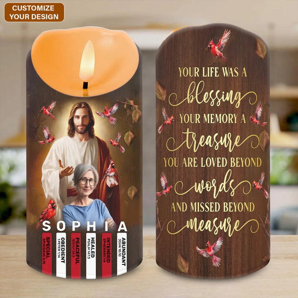 Custom Photo Your Life Was A Blessing Your Memory Was A Treasure Memorial LED Candle
