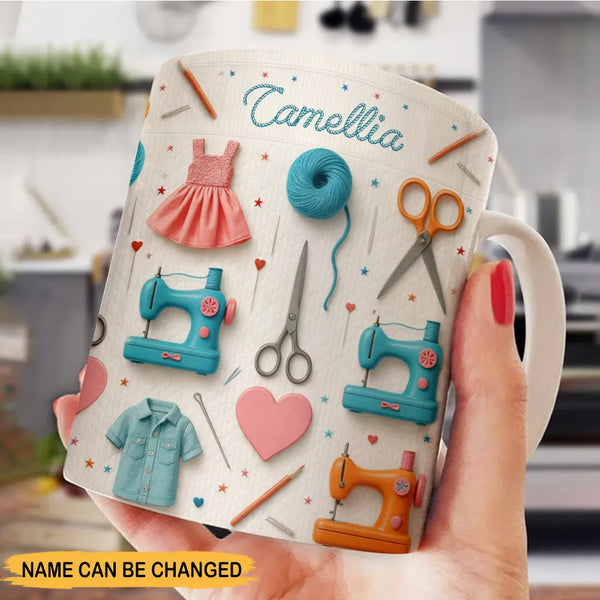 Personalized Sewing Pattern Ceramic Mug – Custom Name Coffee Cup Gift for Tailors, Quilters & Sewing Lovers