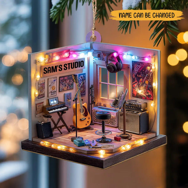 Personalized Guitar Studio Wooden Ornament – Custom Music Room Christmas Decoration Gift for Musicians & Guitar Lovers