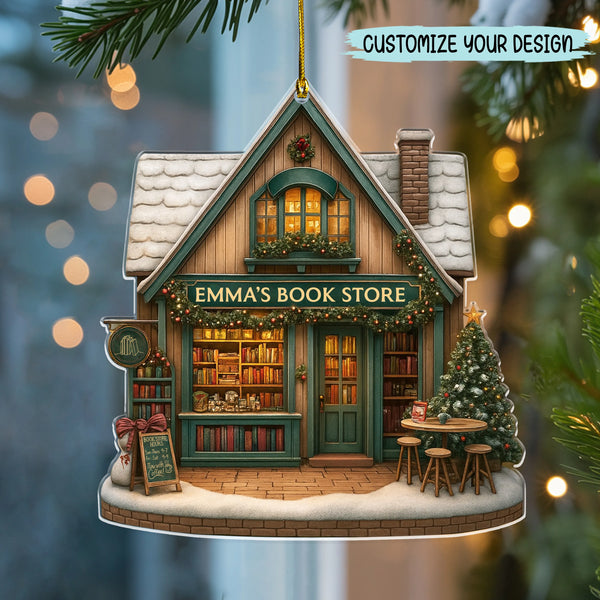 Custom Name Vintage Bookstore Ornament – 2D Flat Acrylic with 3D Effect