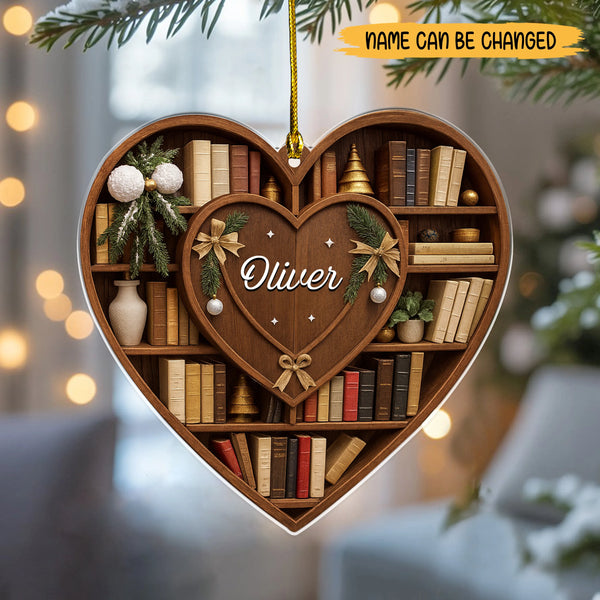 Personalized Bookshelf Heart Ornament – Custom Name 2D Flat Acrylic Christmas Decoration