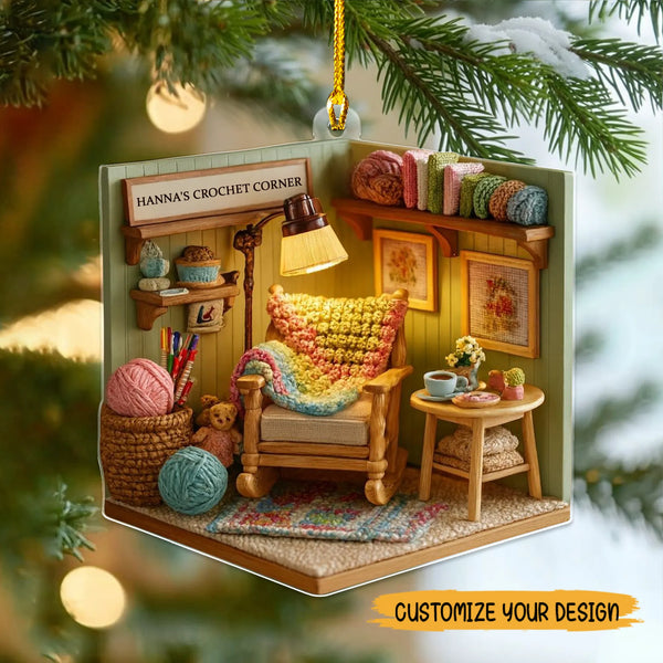 Personalized Crochet Corner Ornament – Custom 2D Flat Acrylic Christmas Decoration for Yarn Lovers