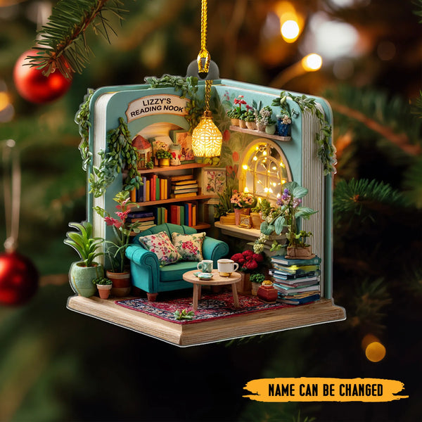 Personalized Cozy Reading Nook Book Shaped 2D Flat Print Acrylic Ornament – Unique Bookworm Christmas Ornament
