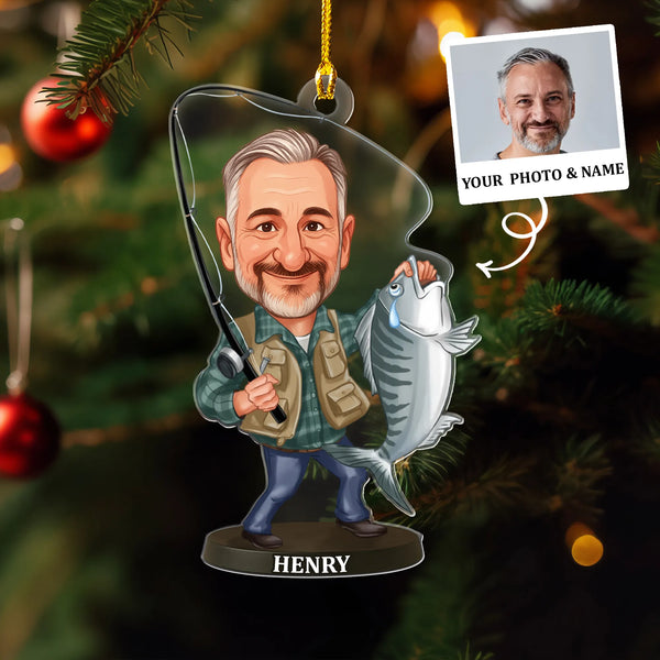Upload Photo Cartoon Fisherman Portrait Personalized Acrylic Ornament