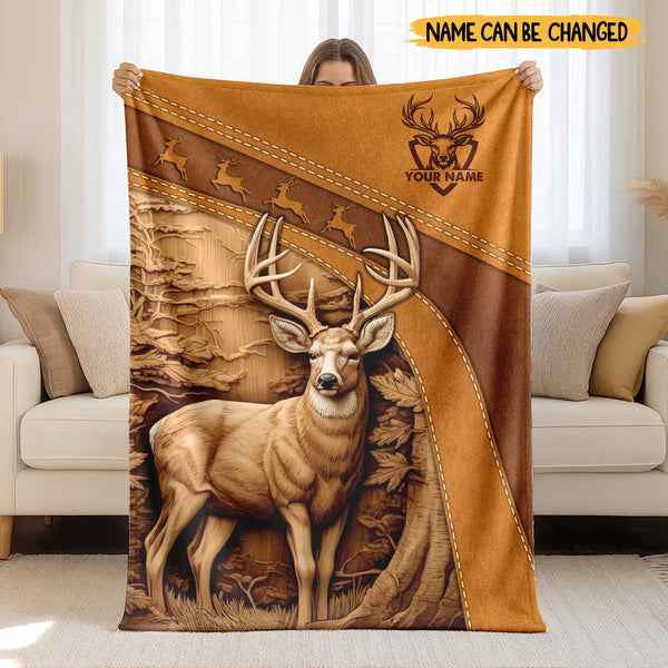 Personalized Deer Hunting Leather Texture Fleece Blanket