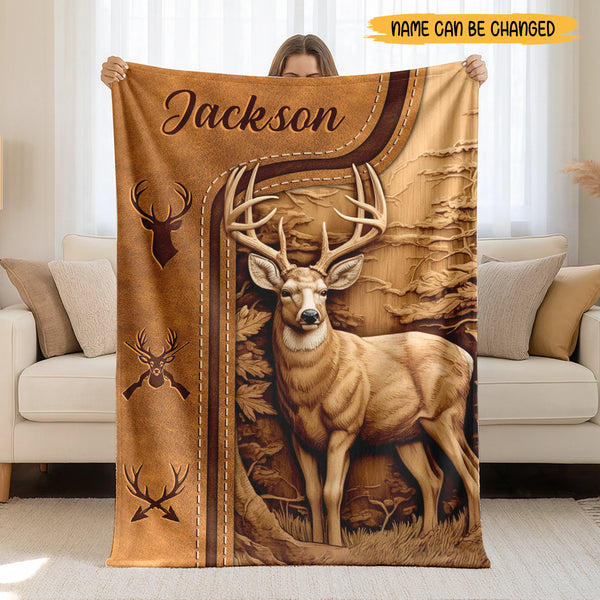 Custom Deer Hunting Fleece Blanket – Personalized Name Leather Look Design