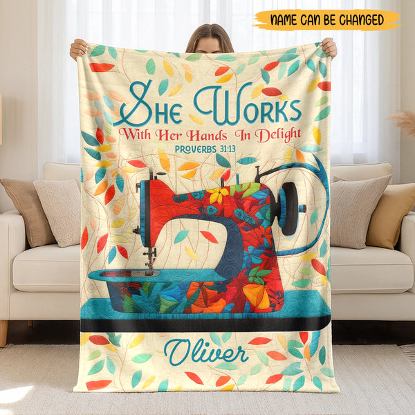 Personalized She Works with Her Hands in Delight Sewing Lover Fleece Blanket