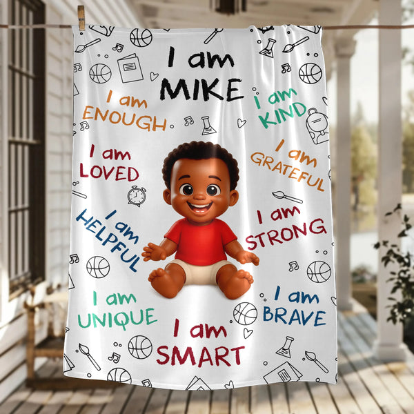 Personalized I Am Enough, Loved, Helpful, Unique, Smart Baby Fleece Blanket