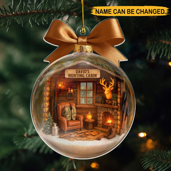 Personalized Hunting Cabin In Snow Globe 2D Flat Print Acrylic Ornament