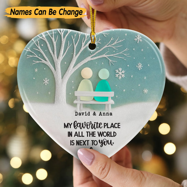 Personalized My Favourite Place In All The World Is Next To You Sea Glass Couple Heart Ceramic Ornament