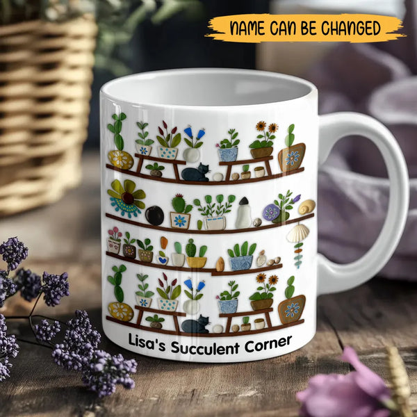 Personalized Succulent Corner Sea Glass Ceramic Mug – Custom Name Gift for Plant Lovers