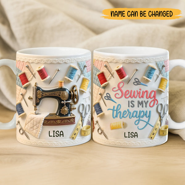 Personalized Sewing Is My Therapy Ceramic Mug