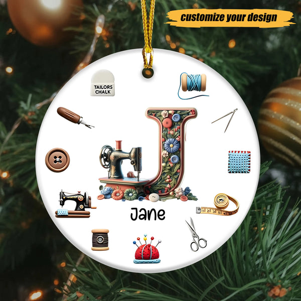 Personalized Sewing Lover Initial & Name Circle Ceramic Ornament – Custom Gift for Seamstresses & Crafters