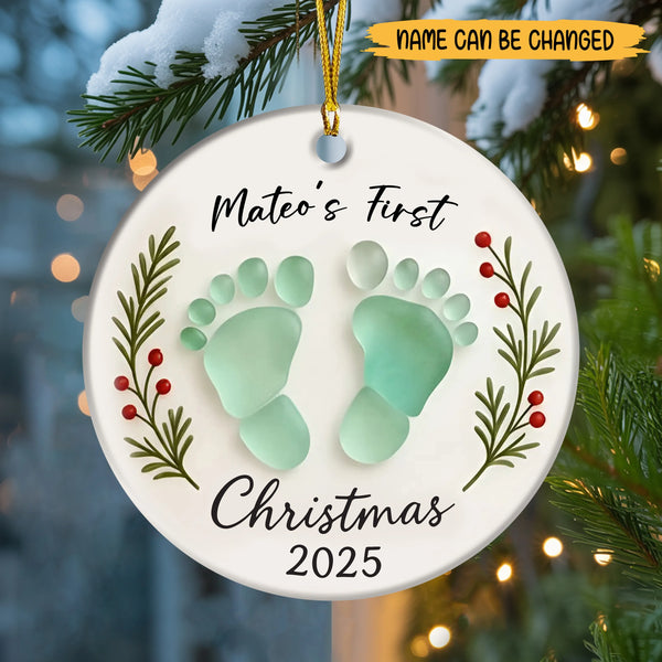 Personalized Baby First Christmas Sea Glass Circle Ceramic Ornament