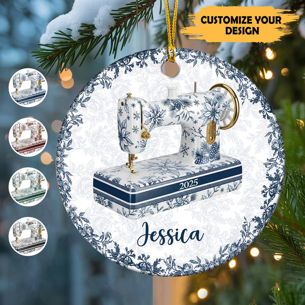 Personalized Sewing Lover Toile De Jouy Ceramic Ornament