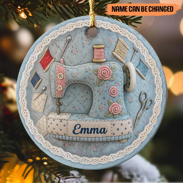 Personalized Vintage Sewing Machine 3D Effect Circle Ceramic Ornament