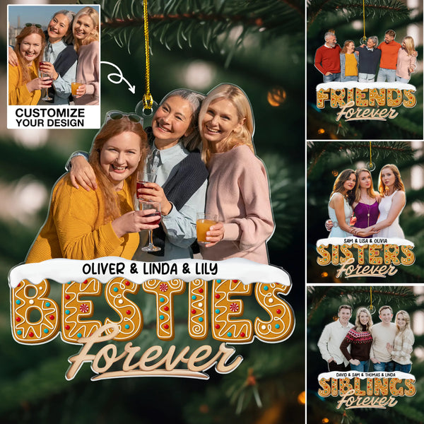 Photo Upload Friend, Sibling Forever Gingerbread 3D Effect Acrylic Ornament